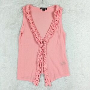August Silk Womens Top Linen Blend Blouse Sleeveless Tank Pink Ruffled V Neck M